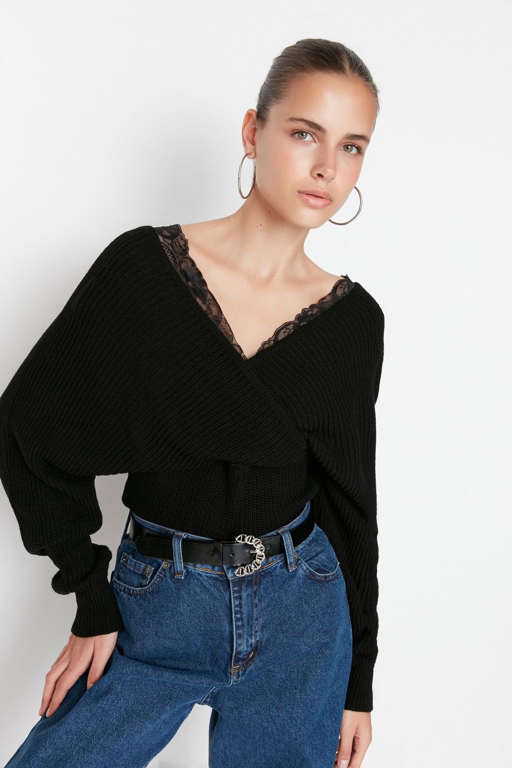 Siyah Kruvaze Dantel Garnili Triko Kazak TWOAW22KZ0522 - Trendyolmilla фото 2