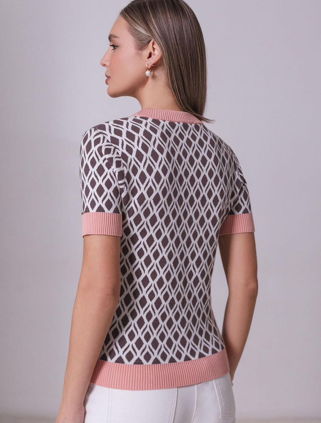 Джемпер с коротким рукавом жаккардовой вязки с принтом ромб