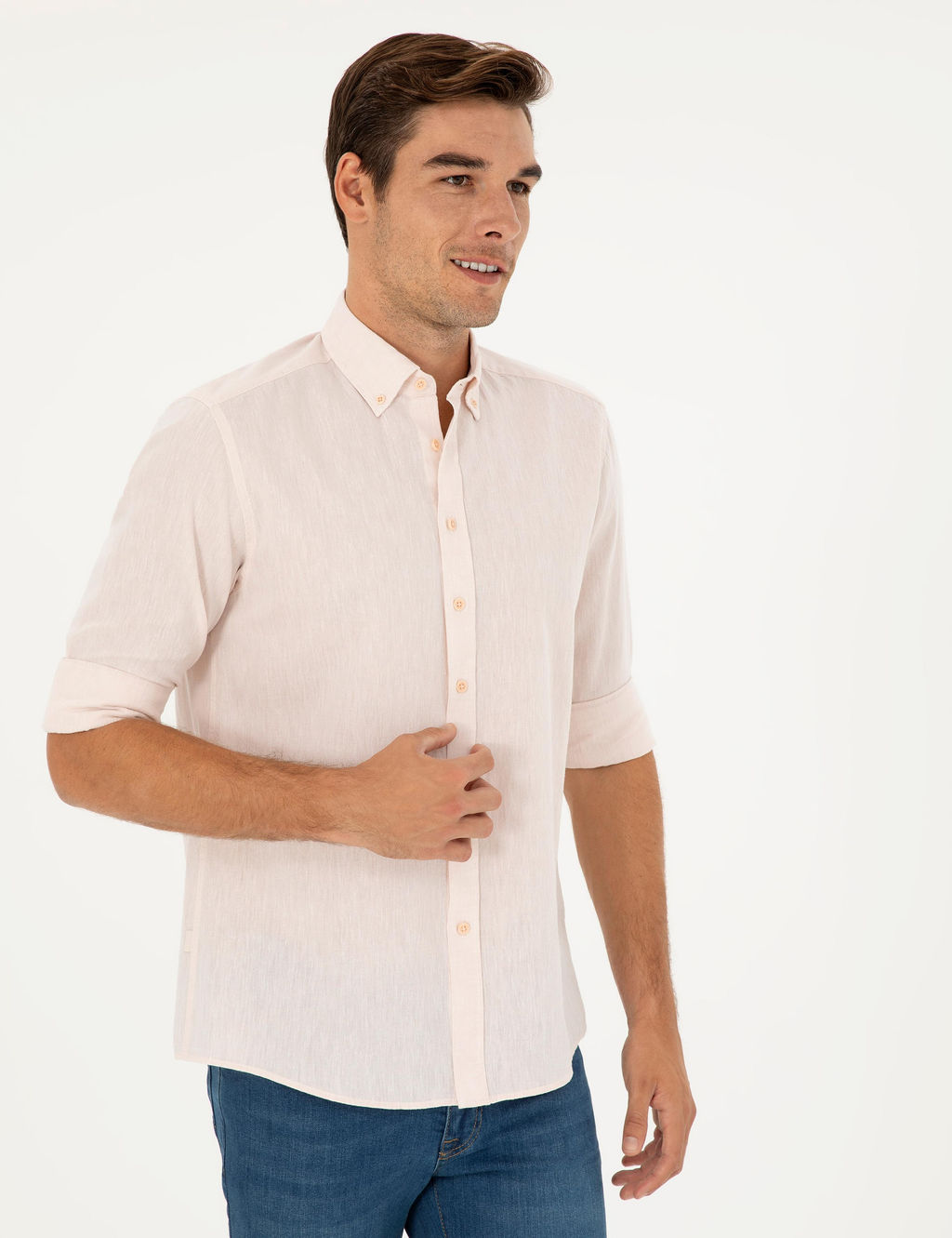 Рубашка Pierre Cardin Regular Fit пудровая с примесью льна