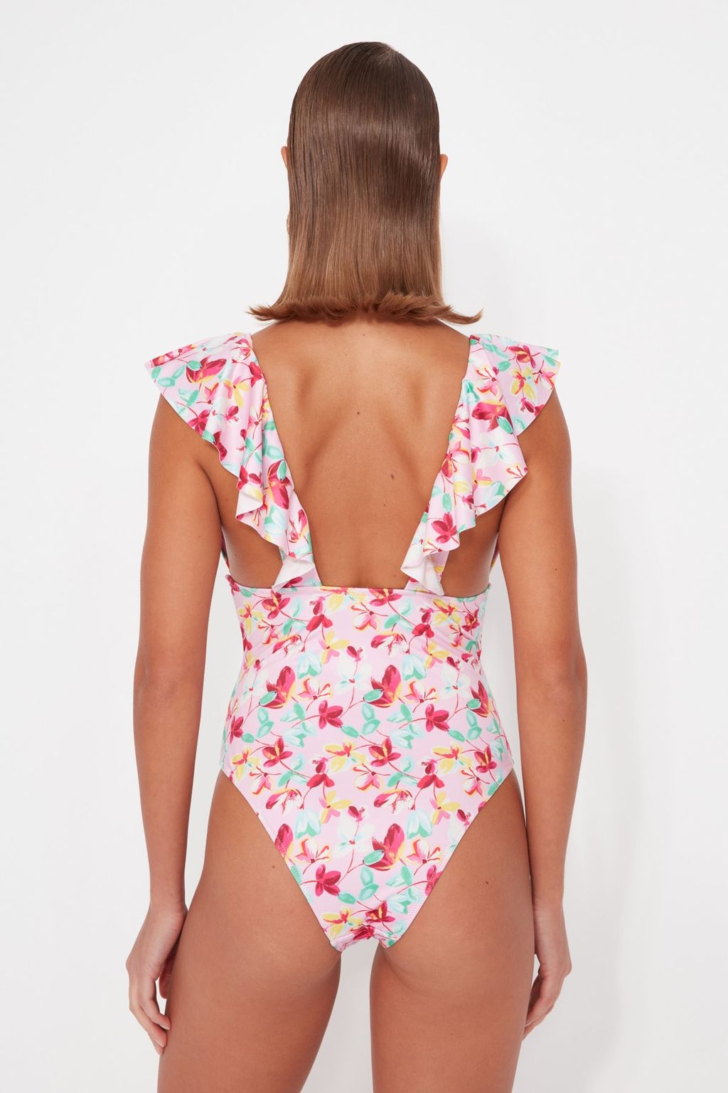 Cicek Desenli Derin Dekolteli Volanl? Normal Paca Mayo TBESS23MA00280 - Trendyolmilla фото 6