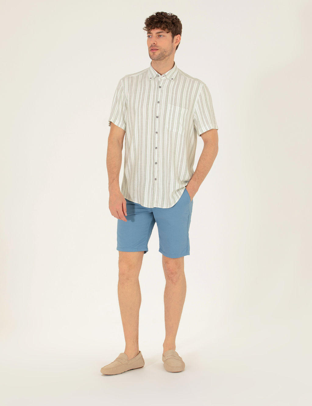 Koyu Mavi Slim Fit Keten Kar___ml_ Beli Lastikli Bermuda _ort