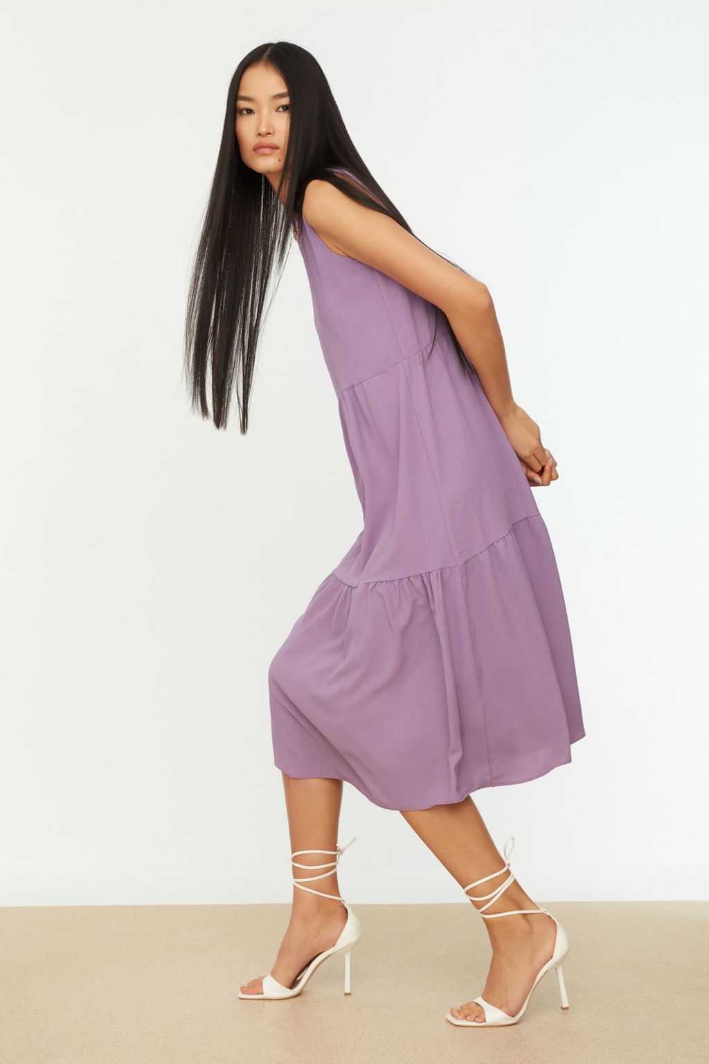 TRENDYOLMILLA Kahverengi Shift/Duz Kesim Dik Yaka Midi Dokuma Elbise TWOSS20EL1864 фото 15