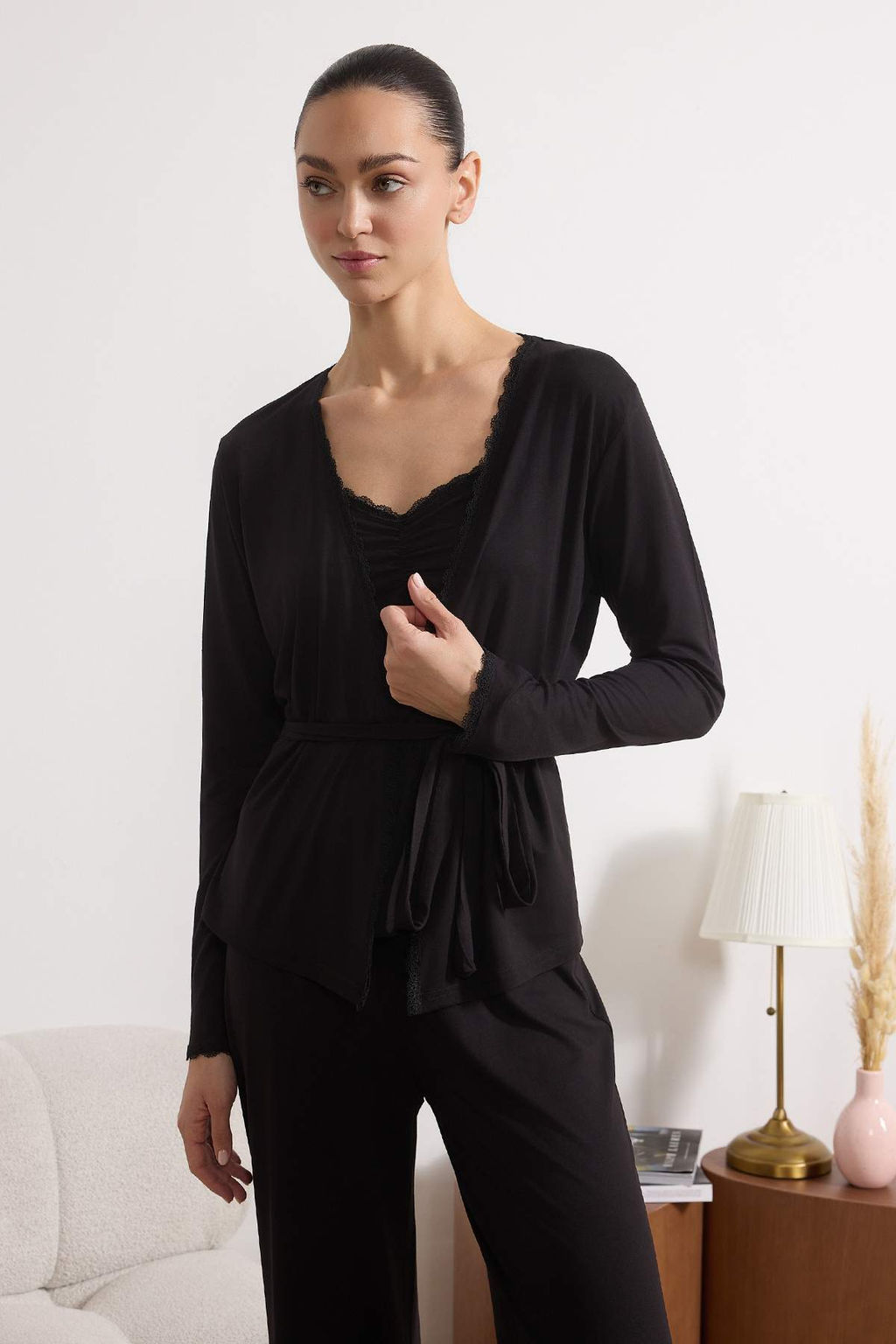 Siyah 3lu Dantelli Viskon Orme Pijama Tak?m? THMSS26PT00056 - Trendyolmilla фото 6