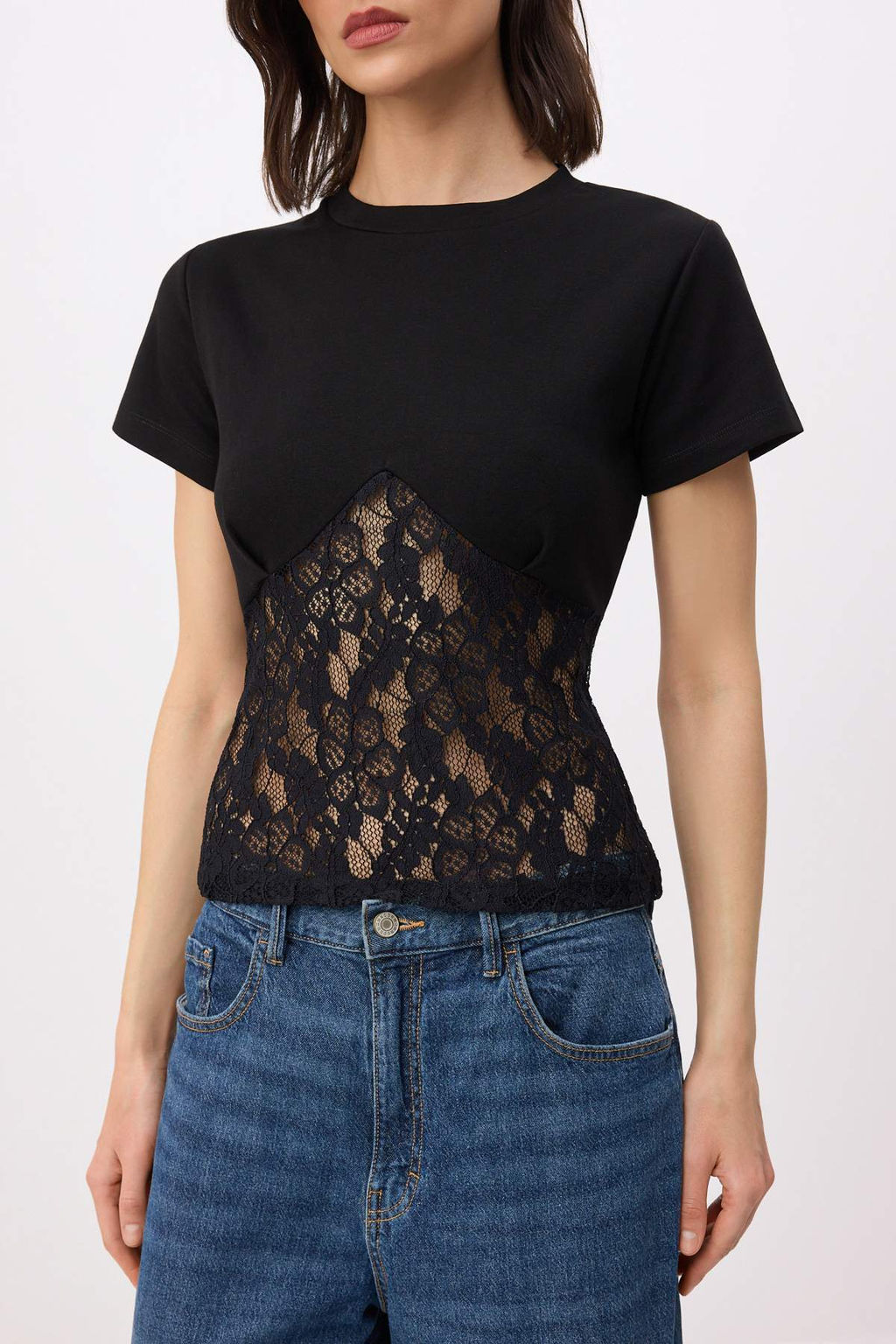Siyah Duz Fitted Bisiklet Yaka K?sa Dantel Detayl? Crop Pamuk Ribana Orme Bluz TWOSS26BZ00726 - Trendyolmilla фото 3