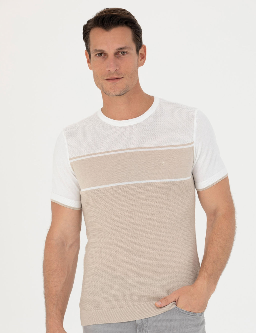 Bej Slim Fit Bisiklet Yaka Triko T-Shirt