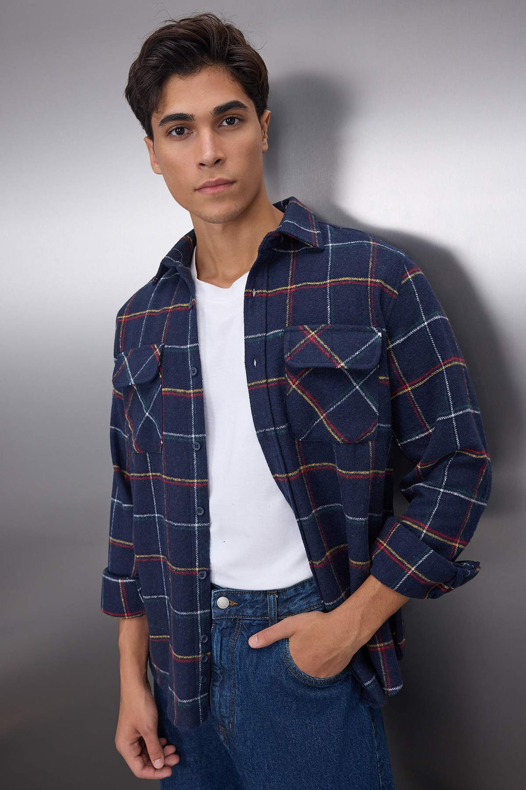 TRENDYOL MAN Lacivert Regular Fit Uzun Kollu Cift Cepli Oduncu Kareli K?sl?k Ceket Gomlek TMNAW20GO0485 - Trendyolmilla фото 2