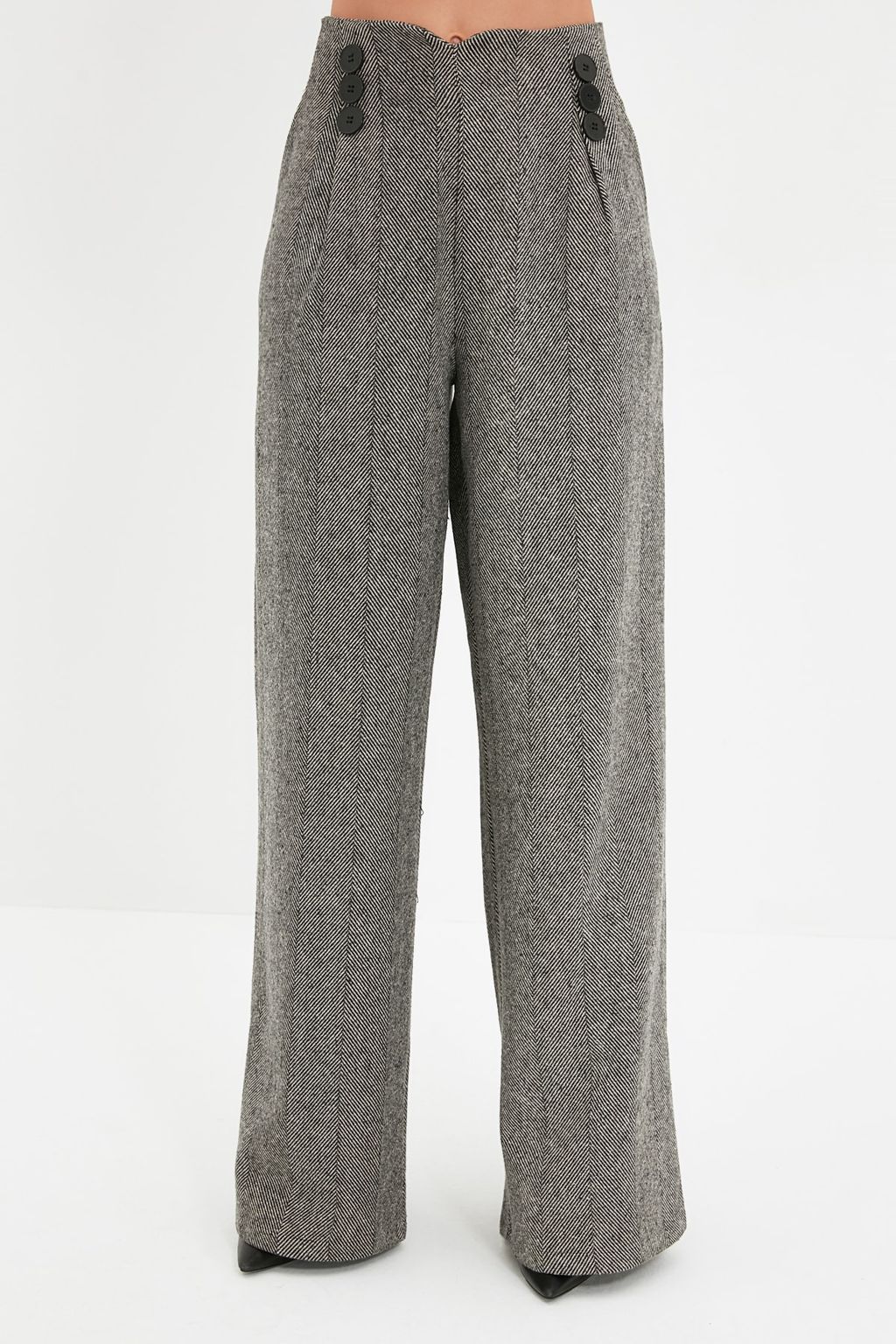 Gri Dugme Detayl? Wide Leg Dokuma Pantolon TWOAW21PL0492 Palazzo