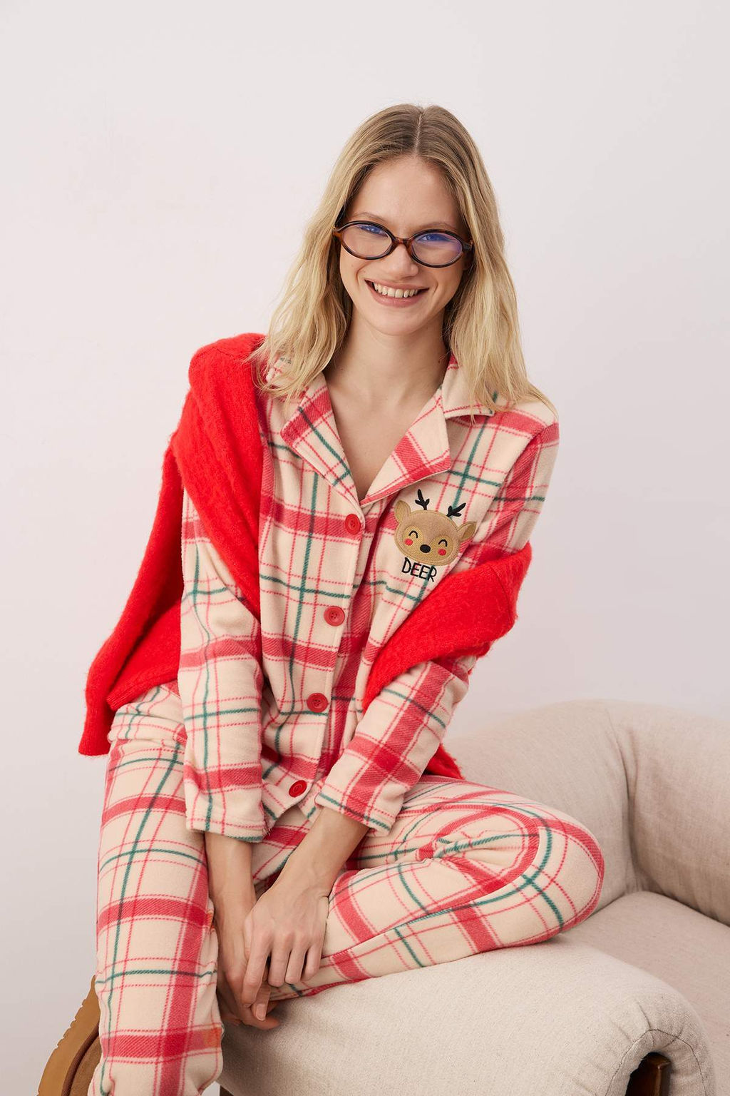 Trendyolmilla Yesil Nak?sl? Ekoseli Polar K?sl?k Orme Pijama Tak?m? THMAW24PT00175  фото 11