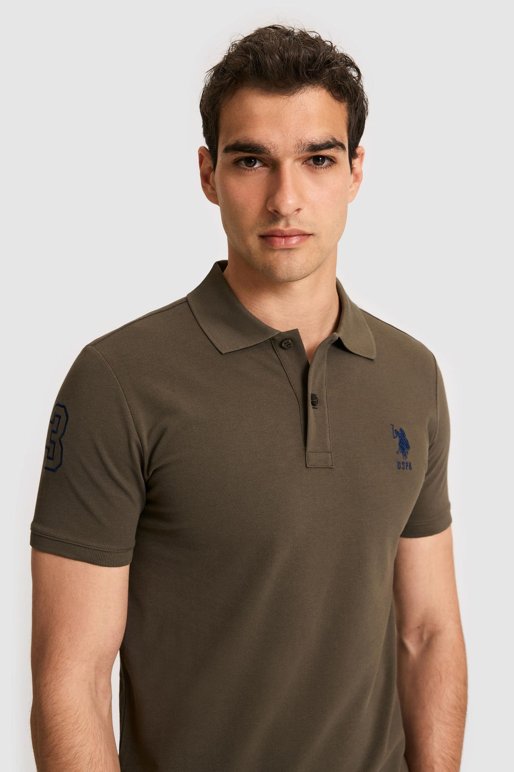 Erkek Slim Fit Polo Yaka Koyu Haki Basic Ti__rt