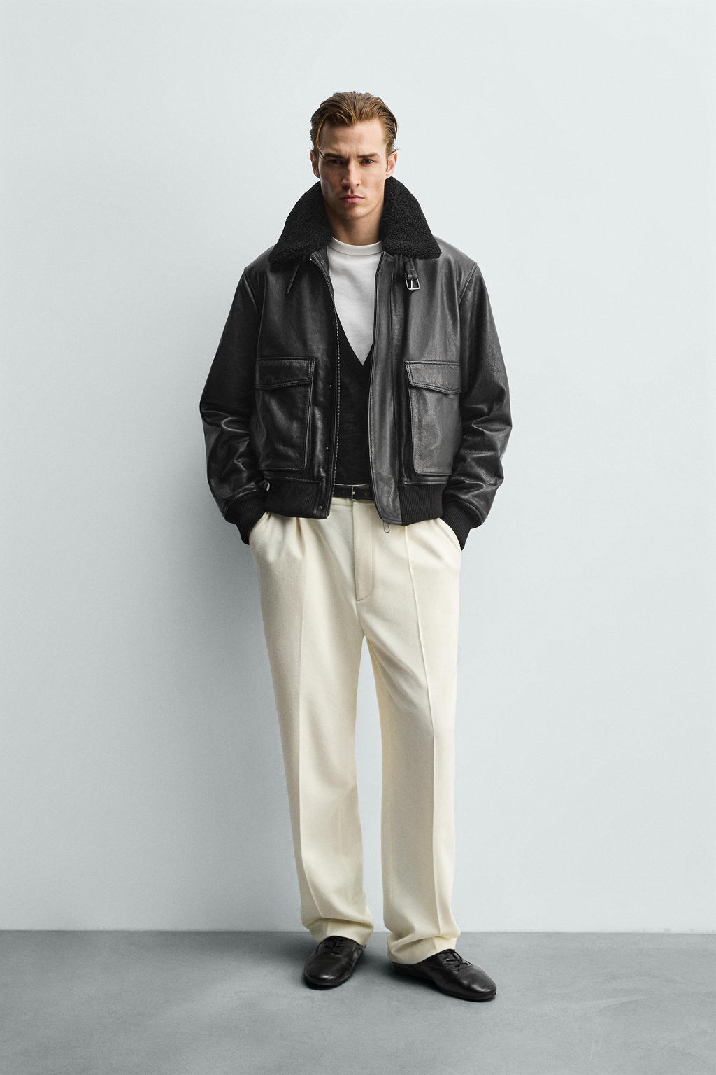 LEATHER JACKET WITH CONTRAST COLLAR