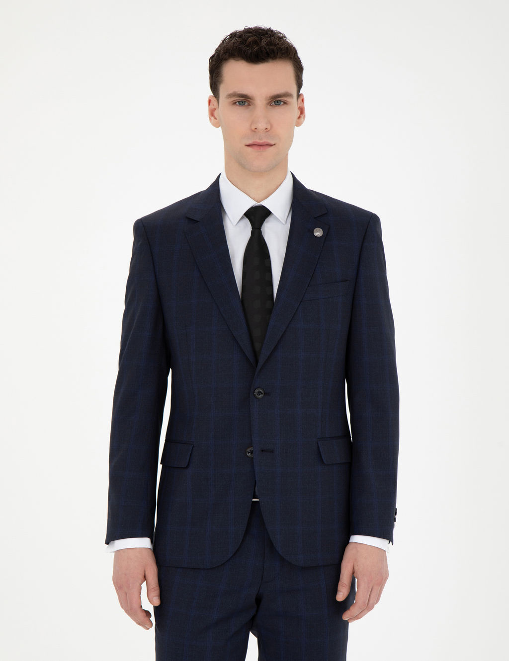 Lacivert Slim Fit %100 Y_n Ekose Tak_m Elbise