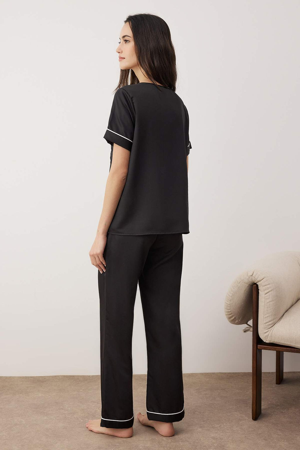 Siyah Biyeli Mat Saten Dokuma Pijama Tak?m? THMAW26PT00031 - Trendyolmilla фото 4