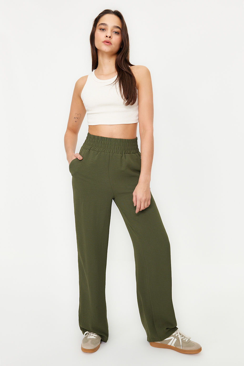 Haki Wide Leg/Genis Paca Beli Lastikli Dokuma Pantolon TWOSS22PL00024