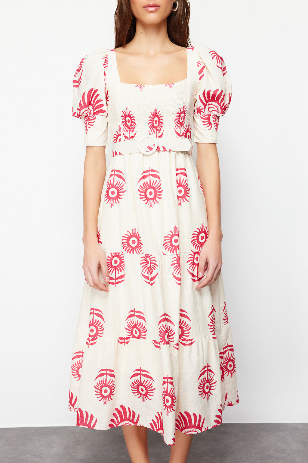 Pembe Desenli Kare Yaka Keten Gorunumlu Kemerli Midi Dokuma Elbise TWOSS24EL00779 - Trendyolmilla фото 4