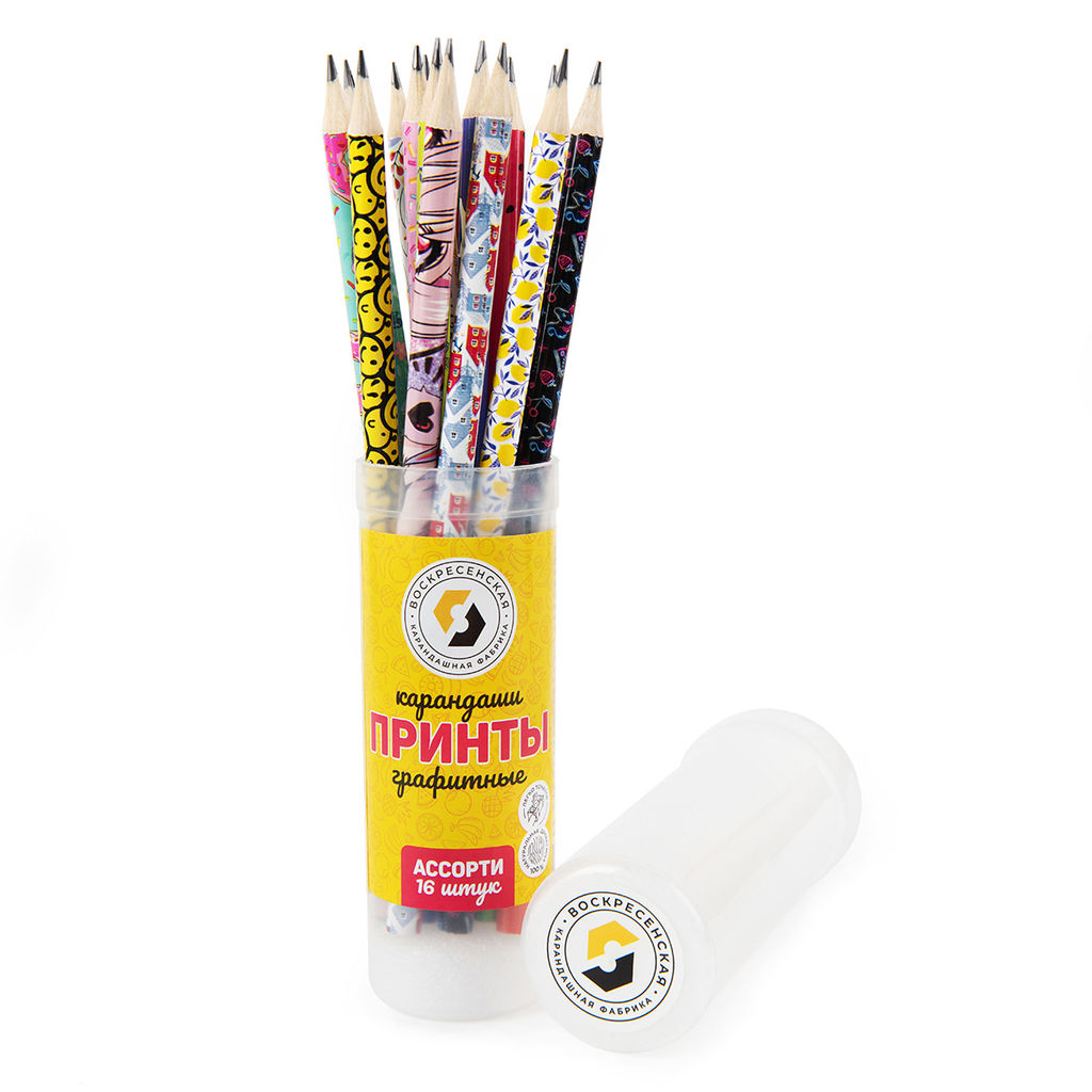 ВКФ Принты PR-16Т Набор графитных карандашей ассорти в тубусе заточенный ТМ (HB) 2 х 16 шт
