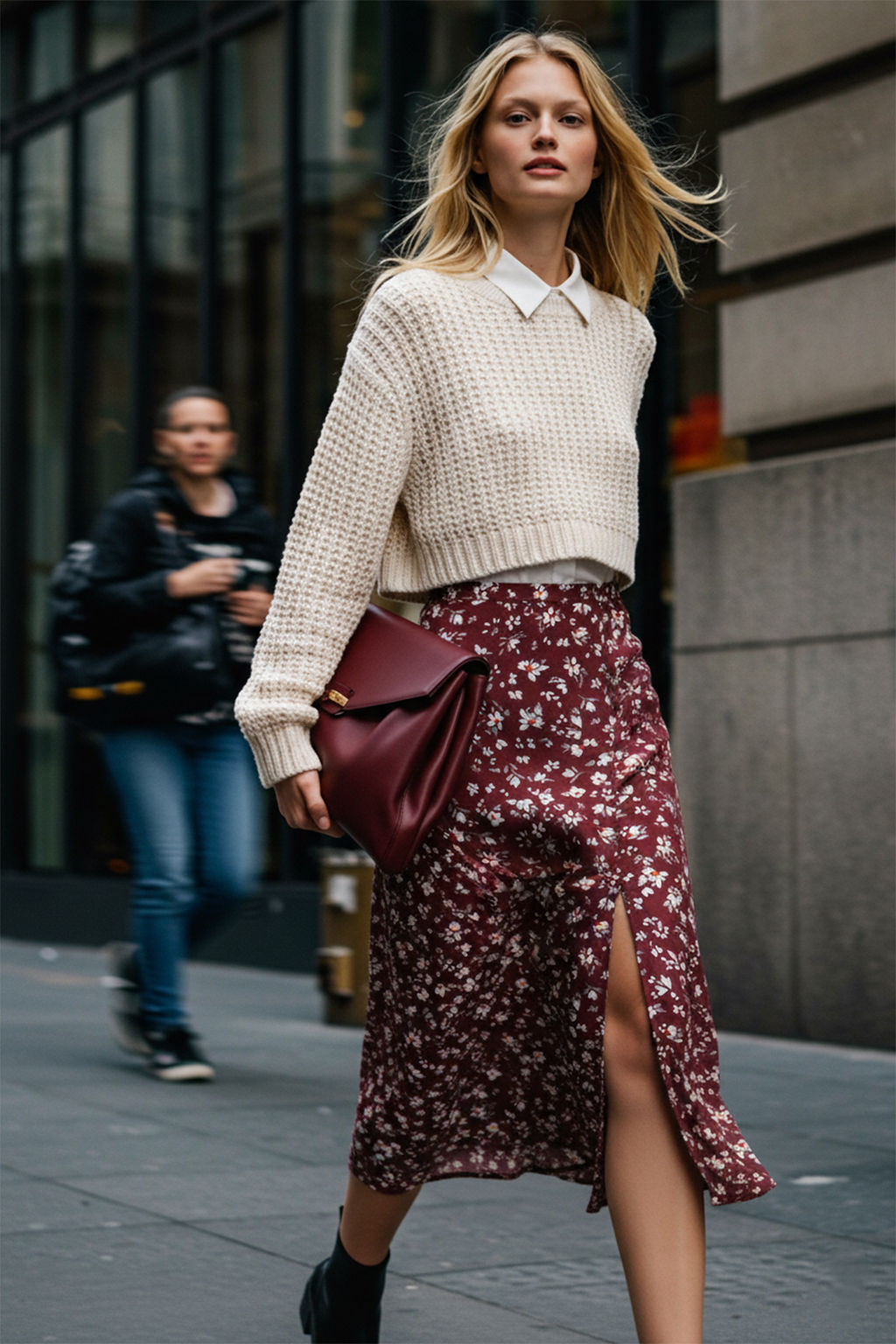 Bordo Y?rtmac Detayl? Cicek Desenli Viskon Kumasl? Midi Dokuma Etek TWOSS20ET0230