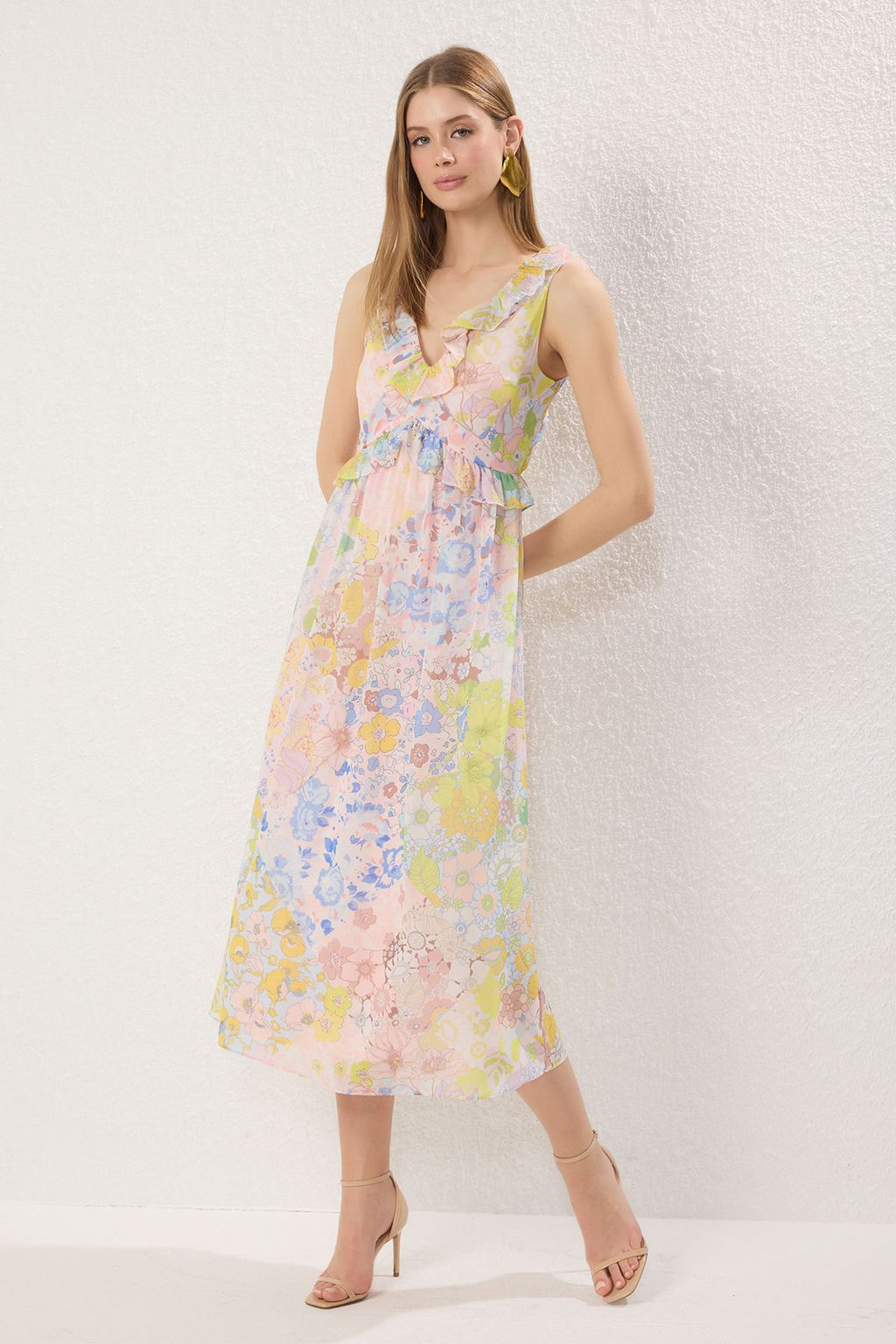 Lacivert Cicekli Etegi Belden Ac?lan F?rf?rl? Astarl? Sifon Midi Ucus Ucus Elbise TWOSS25EL00621 - Trendyolmilla фото 5