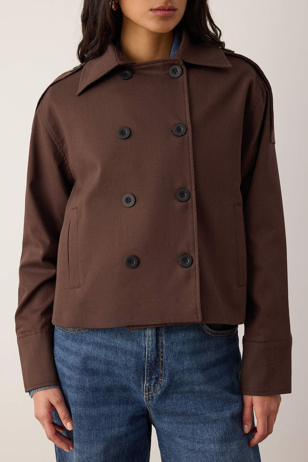 Bej Kruvaze Oversize K?sa Trenckot TWOAW26TR00020 - Trendyolmilla фото 14