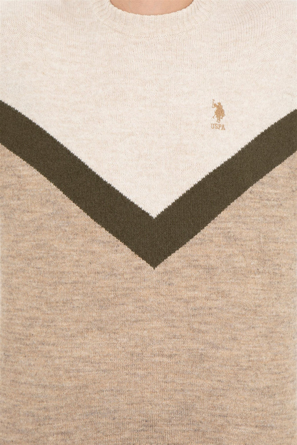 U. S. Polo Assn Мужской светло-коричневый меланжевый трикотажный свитер с круглым вырезом - U.s. polo assn фото 12