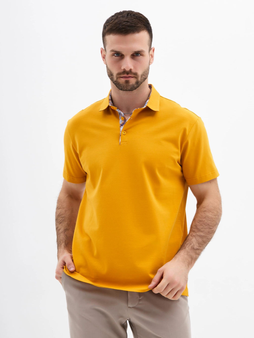Джемпер мужской с воротником поло короткий рукав GREG G144-KO1246T-SAS5122 (т.желтый)  фото 2