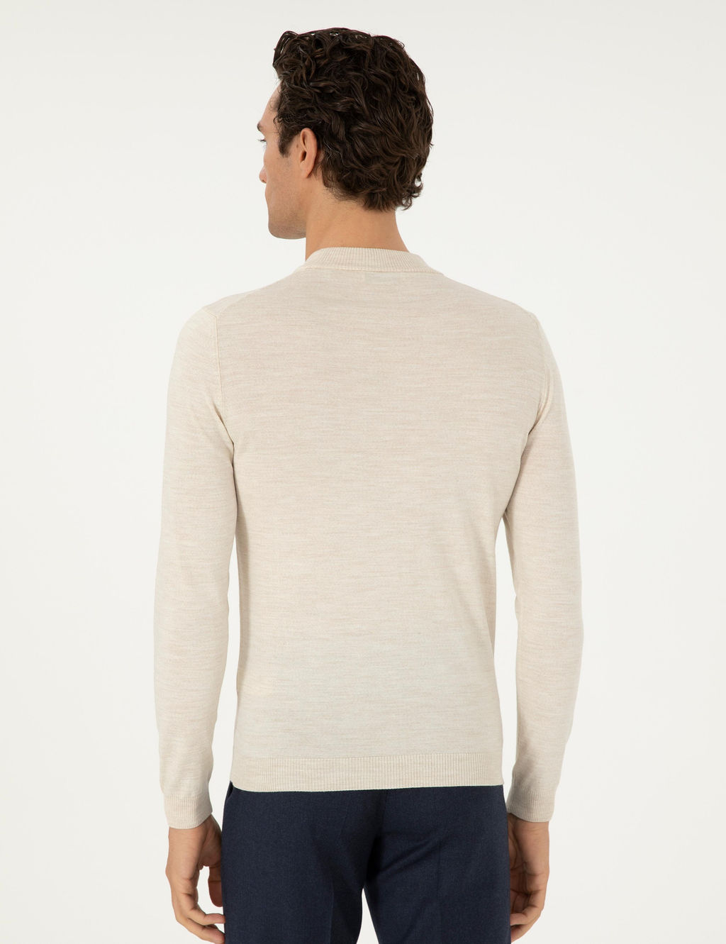 Bej Slim Fit Y_n Kar___ml_ _eyrek Bal_k__ Yaka Basic Triko Kazak