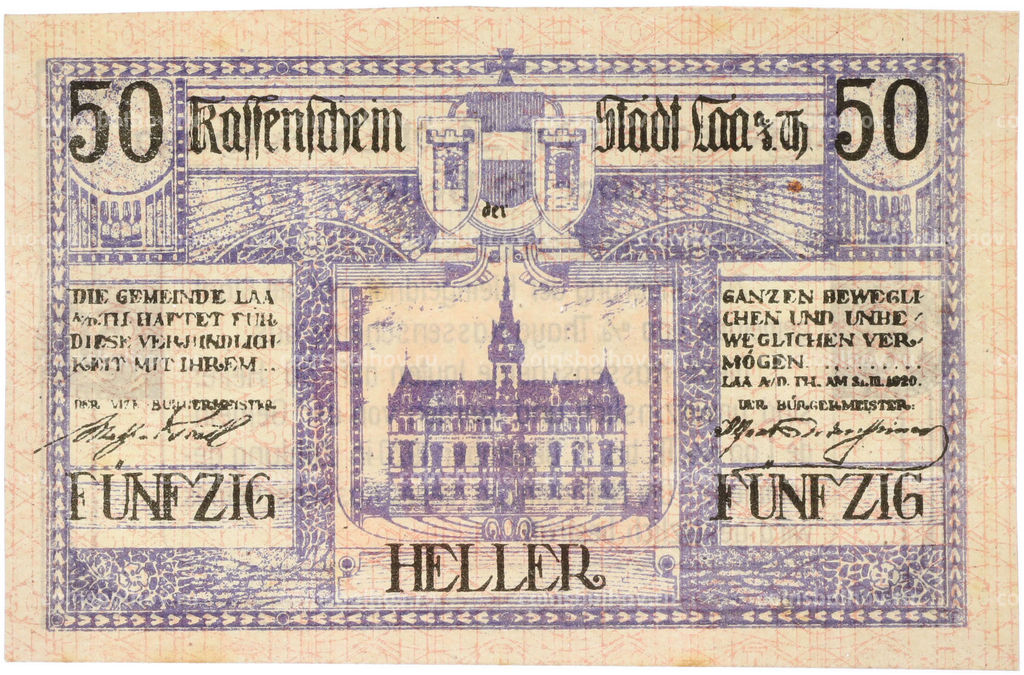Банкнота 50 геллеров 1920 года Австрия город Лаа-ан-дер-Тайя (Нотгельд)