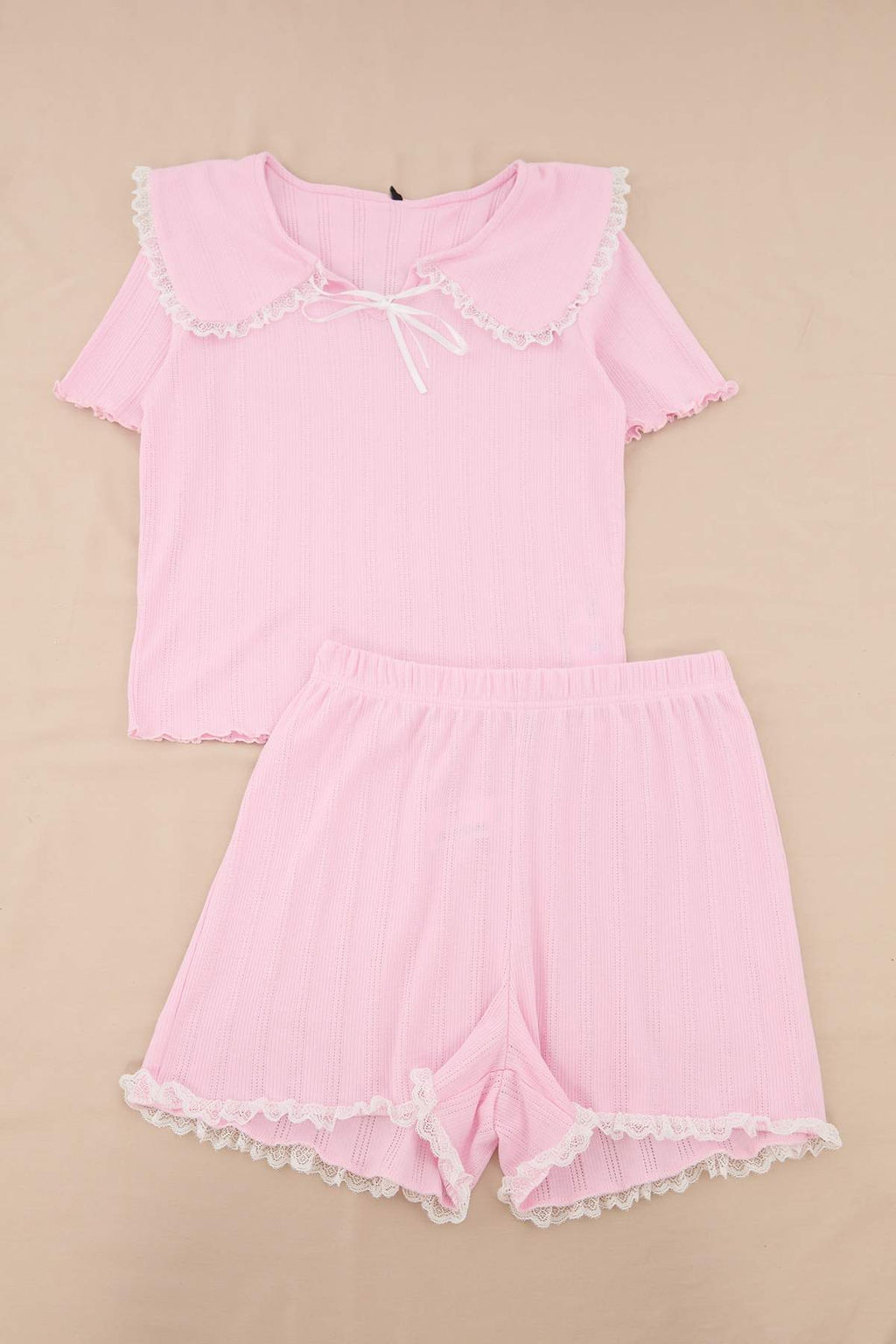 Pembe %100 Pamuklu Yaka Detayl_ Fitilli/Pointel _rme Pijama Tak_m_ THMSS26PT00253 - Trendyolmilla фото 5