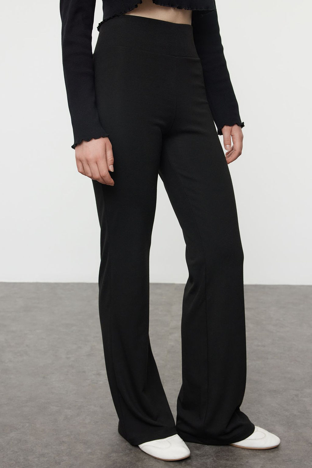 TRENDYOLMILLA Siyah Wide Leg/Ispanyol Paca Yuksek Bel Interlok Esnek Orme Pantolon TWOAW25PL00006 фото 12