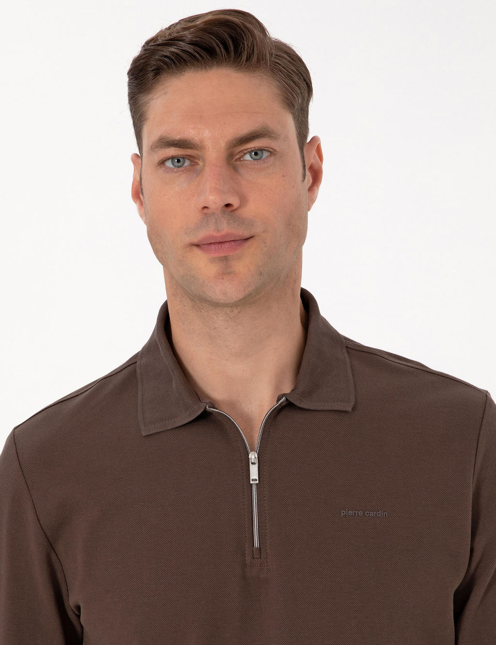 Koyu Kahverengi Slim Fit K_vr_lmaz Fermuarl_ Polo Yaka Basic Pike Sweatshirt - Pierre cardin фото 2