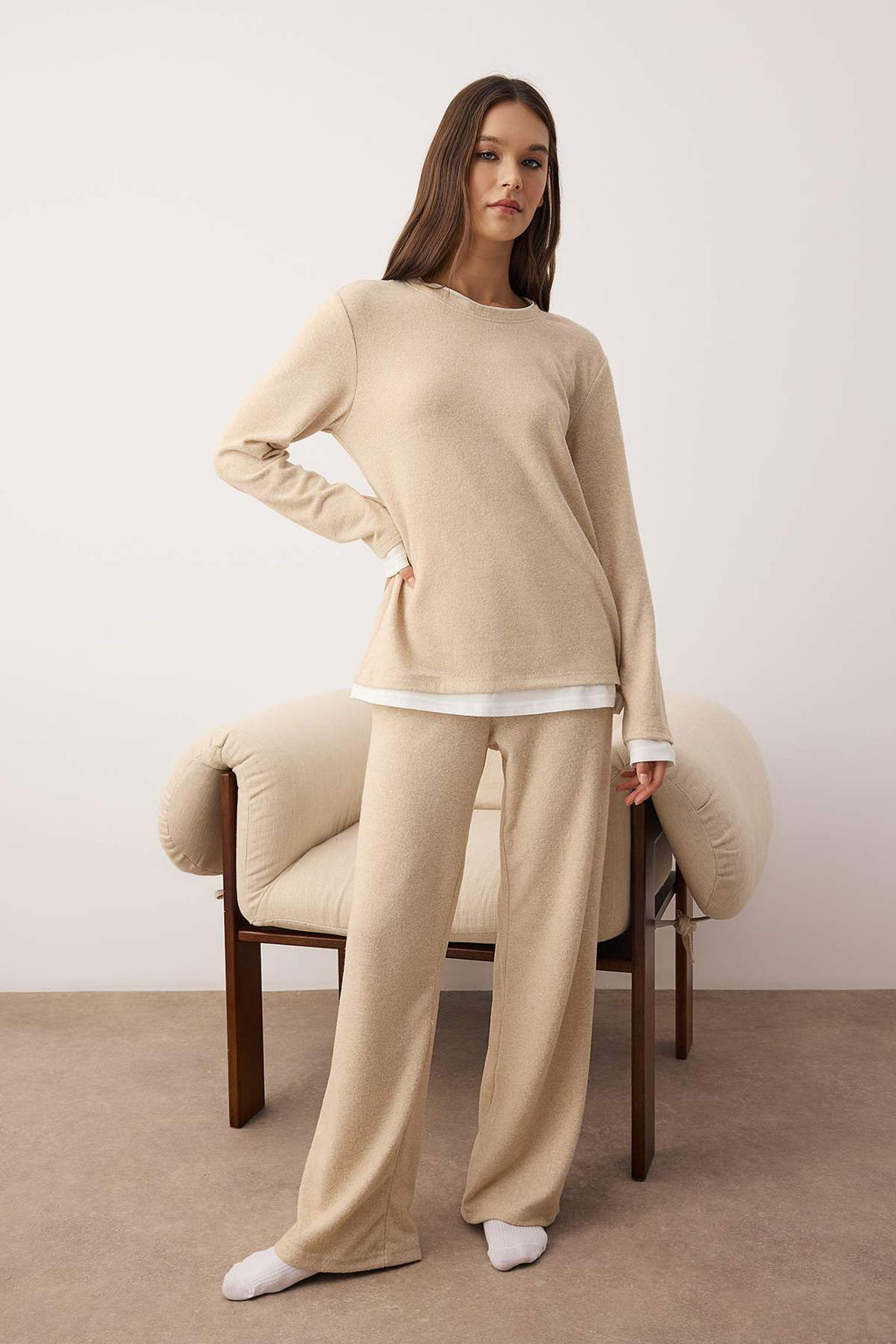 Bej Melanj Cift Katl? K?sl?k Yumos Orme Pijama Tak?m? THMAW26PT00154 - Trendyolmilla фото 2