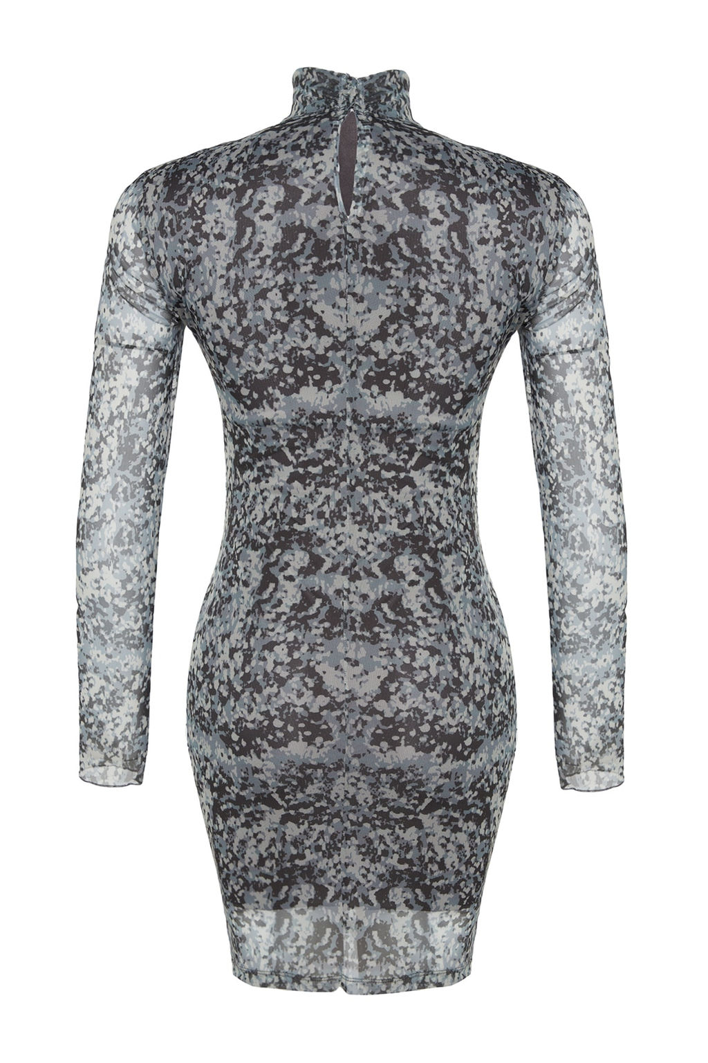 TRENDYOLMILLA Gri Desenli Drape Detayl? Fitted/Vucuda Oturan Dik Yaka Tul Mini Orme Elbise TWOAW24EL00124