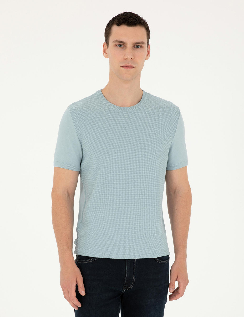 A__k Mavi Slim Fit Bisiklet Yaka Triko Ti__rt