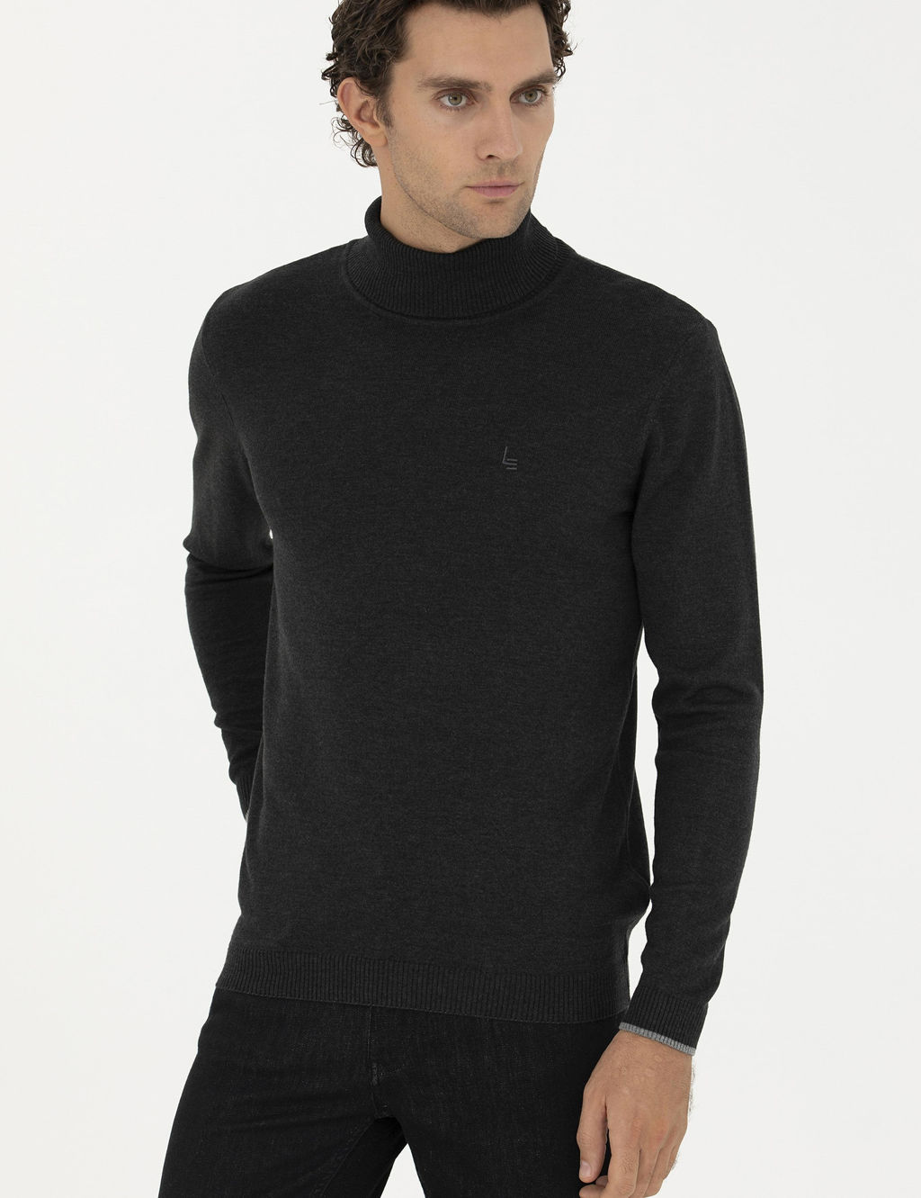 Базовый трикотажный свитер с водолазкой приталенного кроя антрацитового и меланжевого цвета - Cacharel фото 3