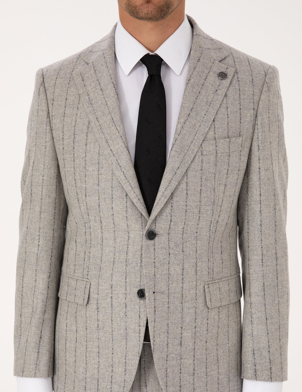 Gri Slim Fit Y_n Ka_mir Kar___ml_ _izgili Tak_m Elbise