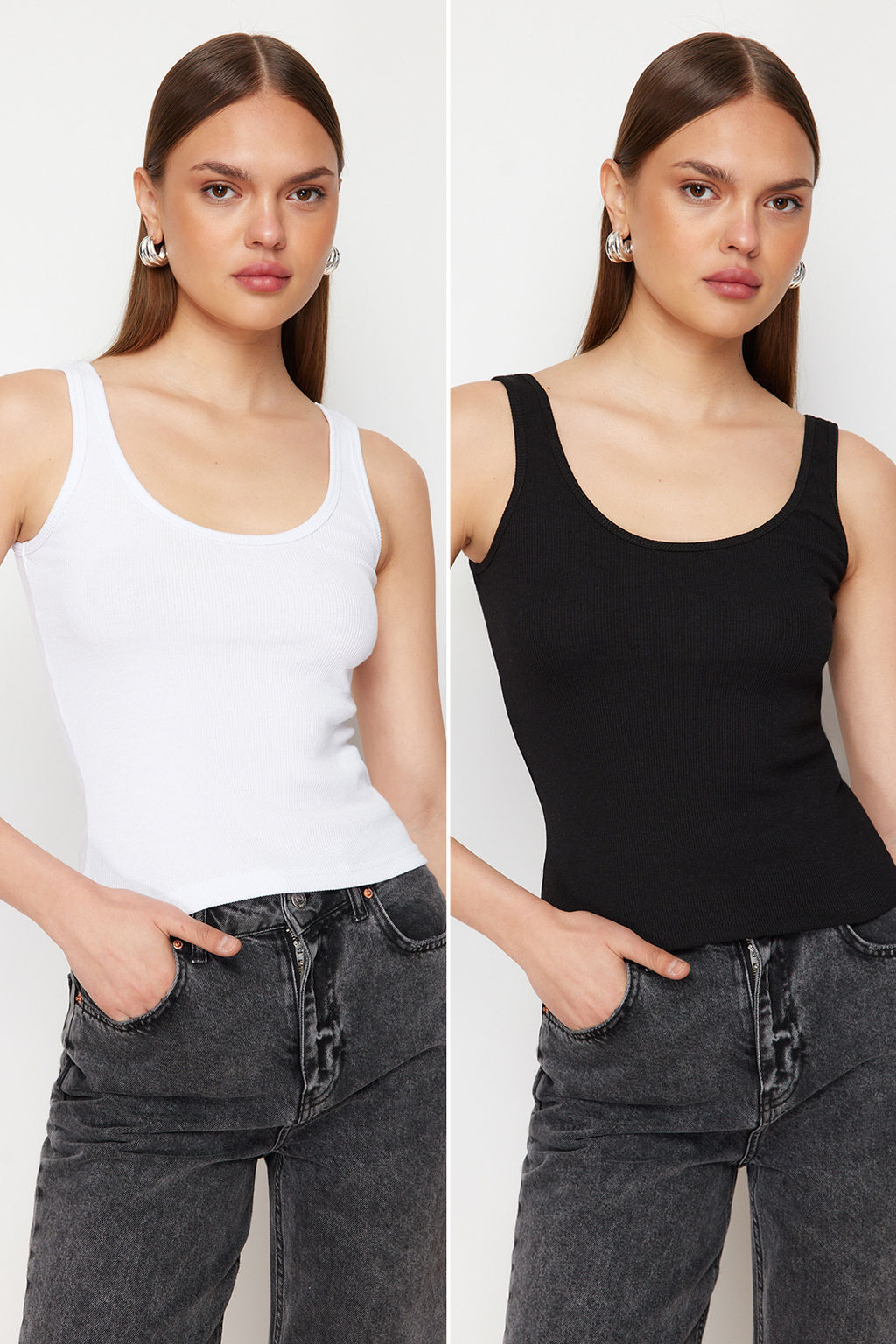 TRENDYOLMILLA Siyah-Beyaz Fitted/Vucuda Oturan Havuz Yaka Fitilli Esnek Orme Atlet TWOSS24AL00050