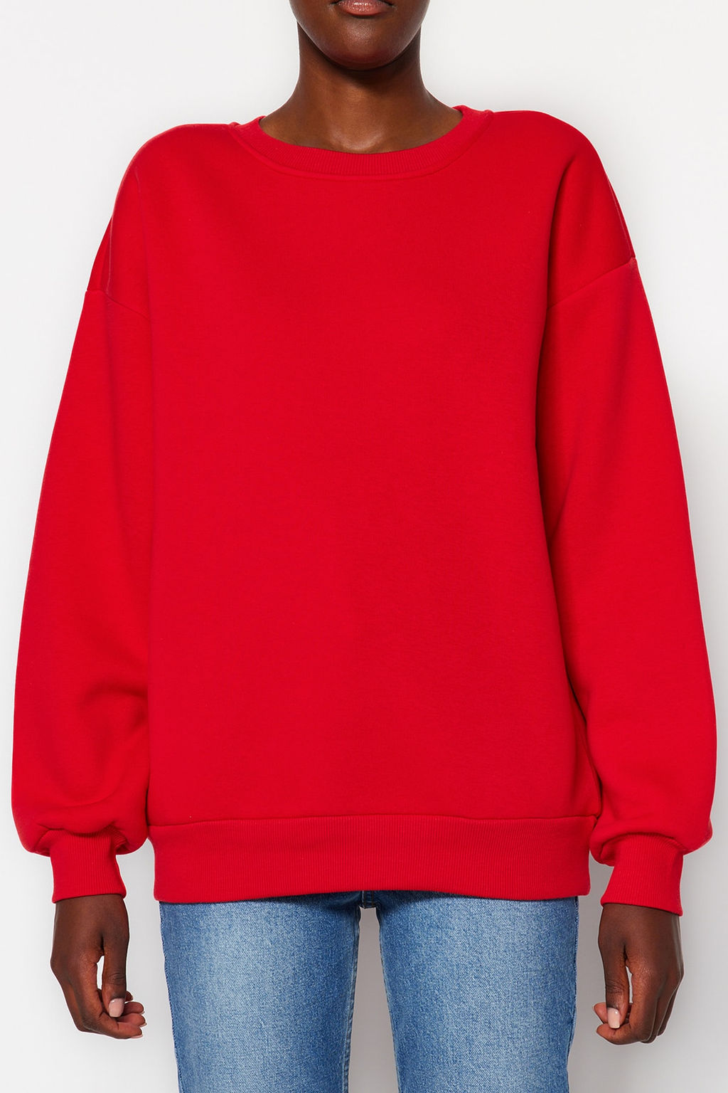 K?rm?z? Oversize/Rahat Kesim Basic Bisiklet Yaka Kal?n/Ici polarl? Orme Sweatshirt TWOAW24SW00102