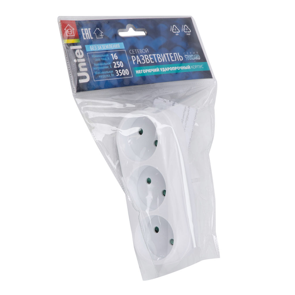 S-ES3-16O WHITE Разветвитель сетевой, б/з. 3 гнезда. 16А, 3500Вт. Белый. ТМ Uniel