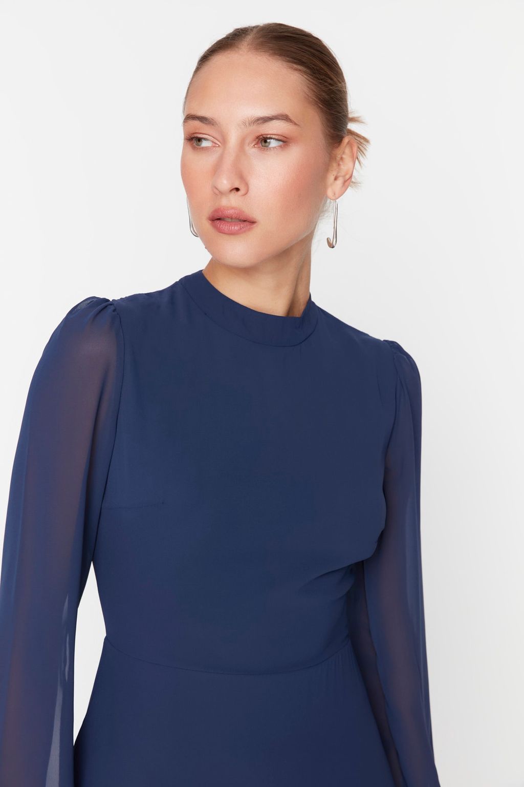 Indigo A Kesim Dik Yakal? Midi Astarl? Sifon Dokuma K?sl?k Elbise TWOAW20EL1313