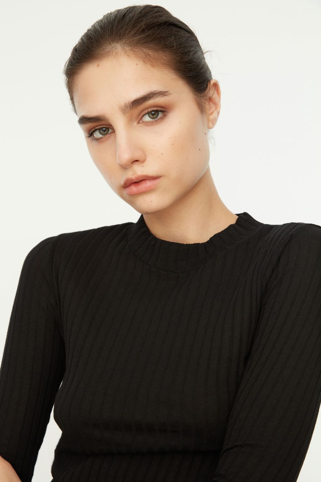 Siyah Dik Yaka Fitilli Esnek Fitted/Vucuda Oturan Orme Bluz TWOAW20BZ0200