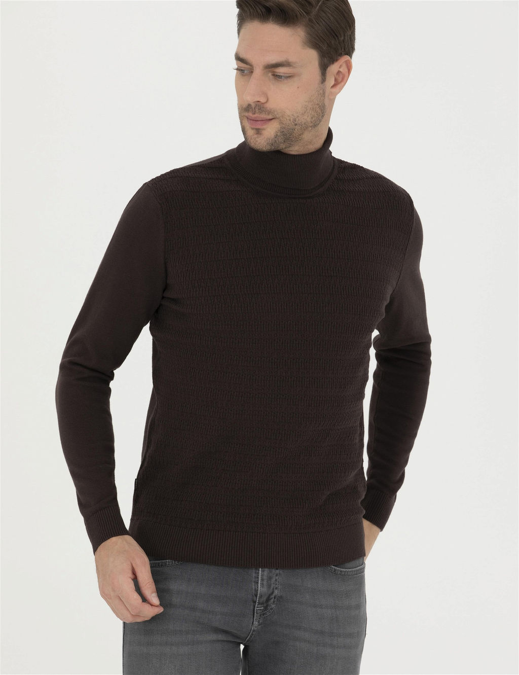 Kahverengi Slim Fit Bal_k__ Yaka Triko Kazak - Pierre cardin фото 3