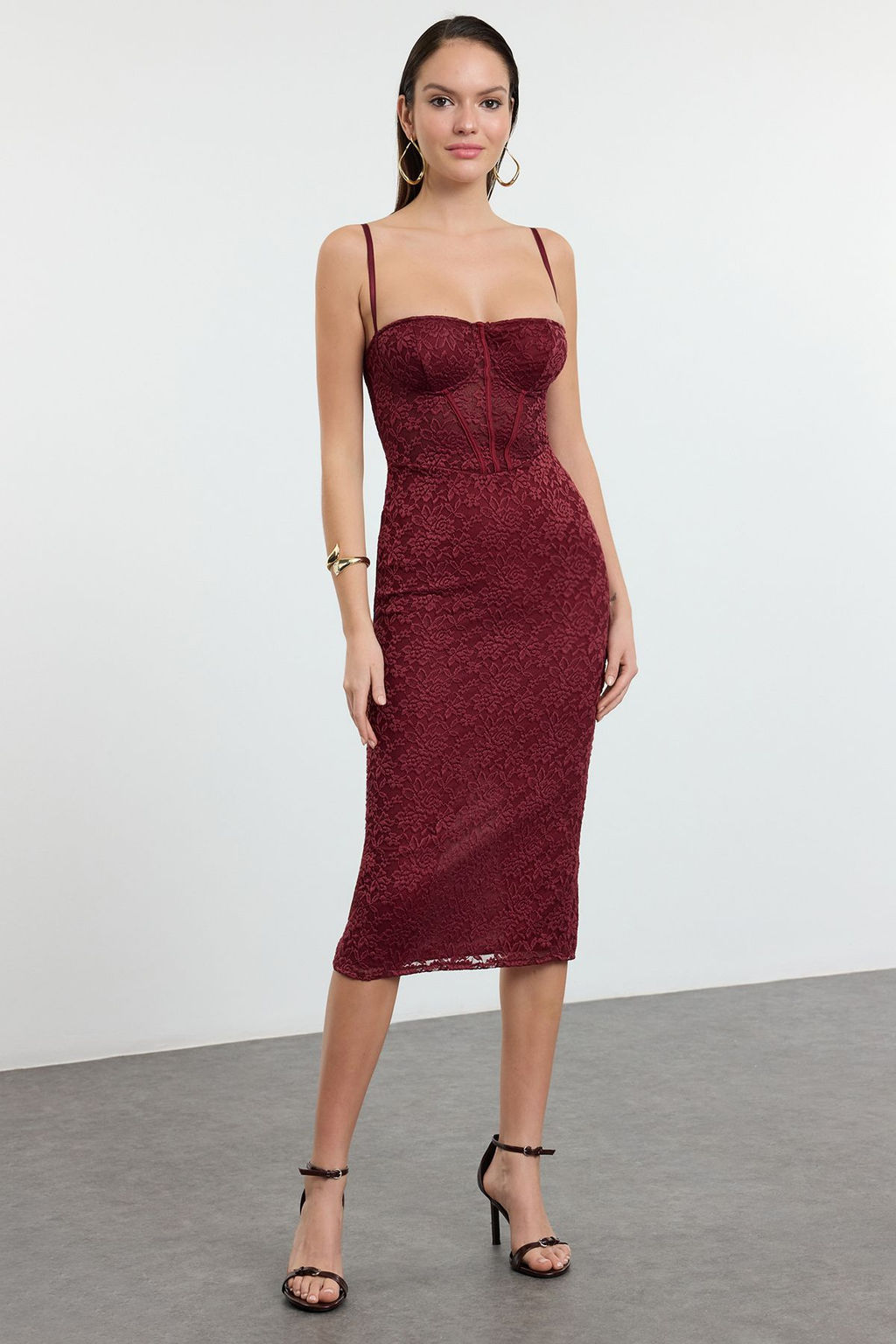 TRENDYOLMILLA Siyah Astarl? Dantel Orme Midi Elbise TPRAW25EL00120  фото 7