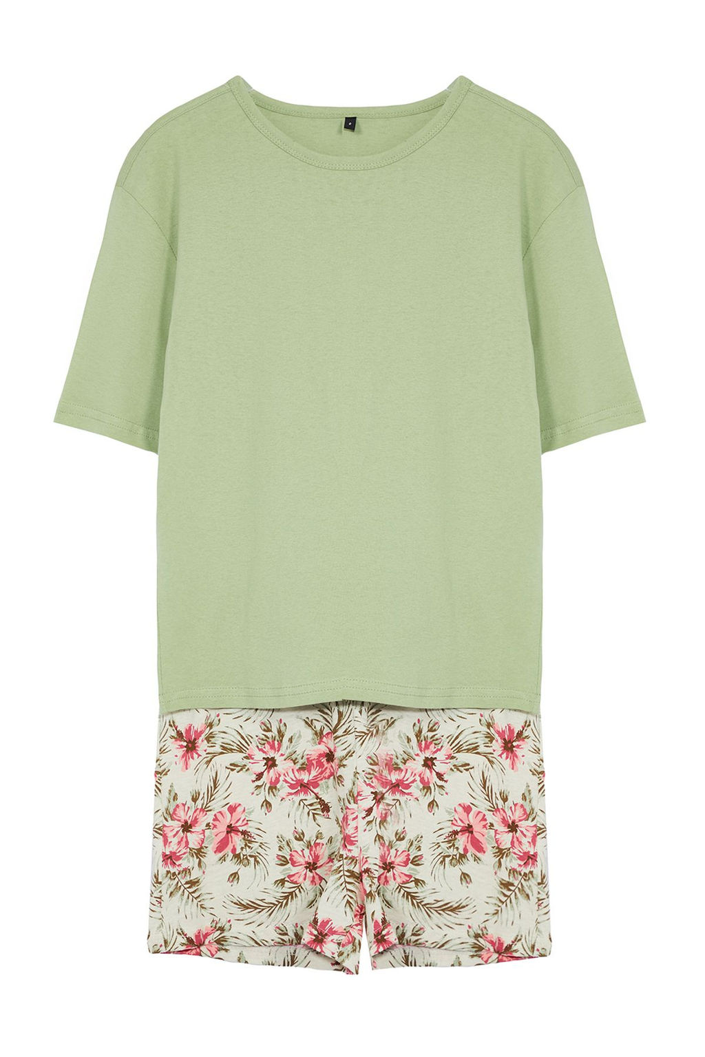 Yesil %100 Pamuklu Cicekli Sortlu Orme Pijama Tak?m? THMSS24PT00386