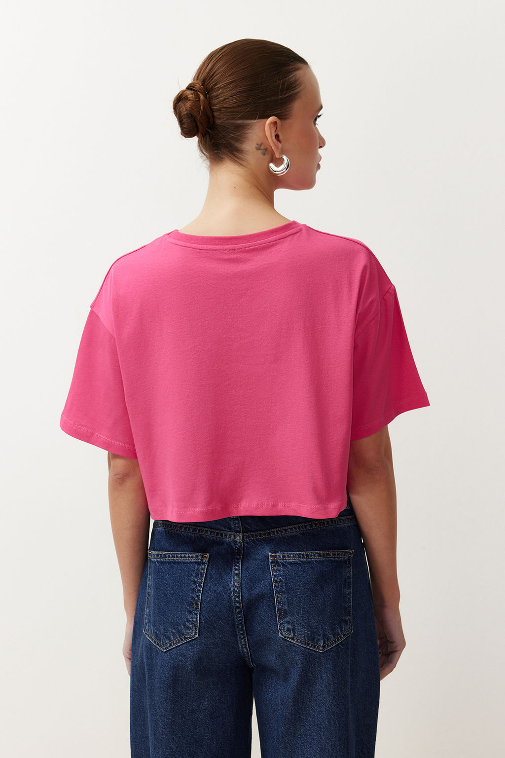 Lacivert-Fusya 2li Paket %100 Pamuk Relax/Rahat Kesim Crop Orme T-Shirt TWOSS24TS00224