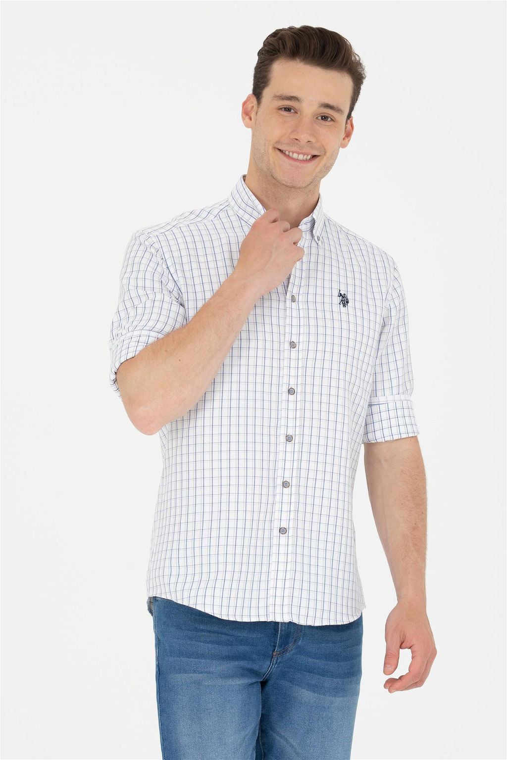 U. S. Polo Assn Мужская темно-синяя белая рубашка в клетку - U.s. polo assn фото 8