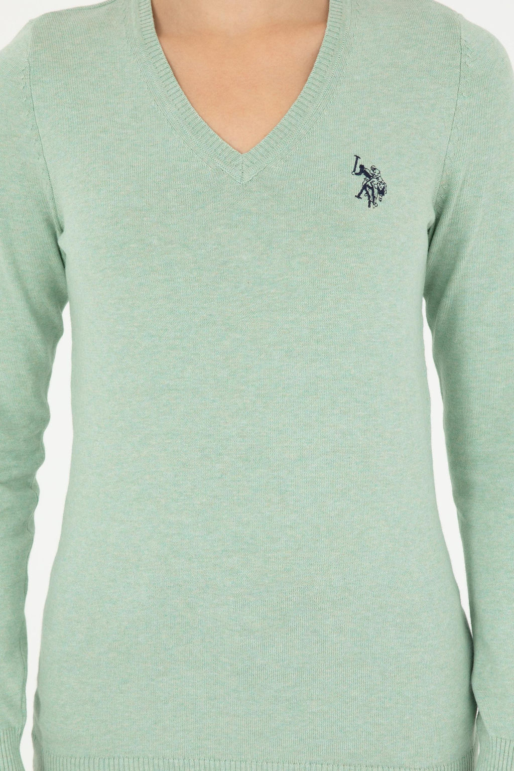 Женский зеленый меланжевый базовый свитер с v-образным вырезом Неожиданная скидка в корзине - U.s. polo assn фото 6