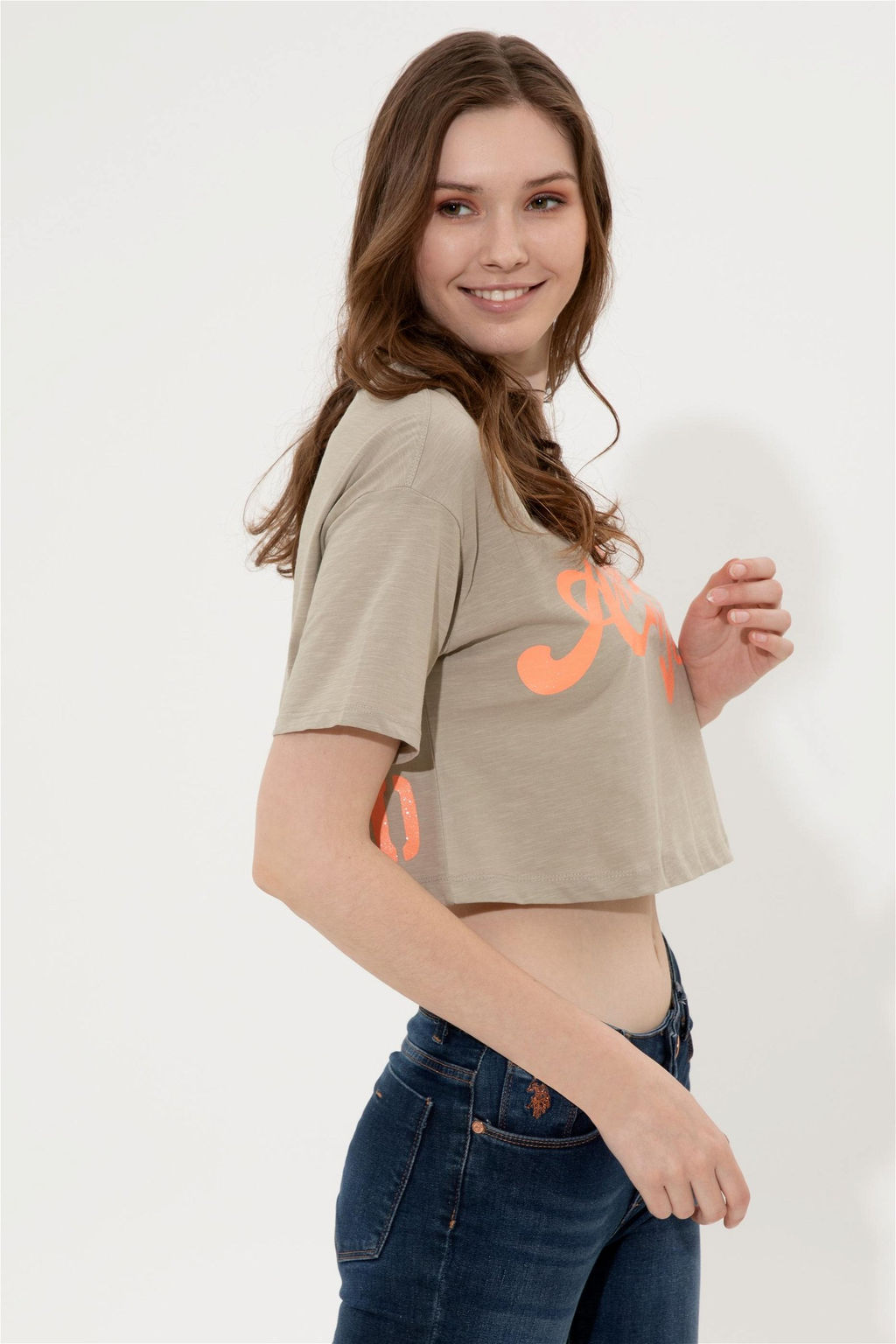 U. S. Polo Assn Женская укороченная футболка цвета хаки с круглым вырезом - U.s. polo assn фото 10