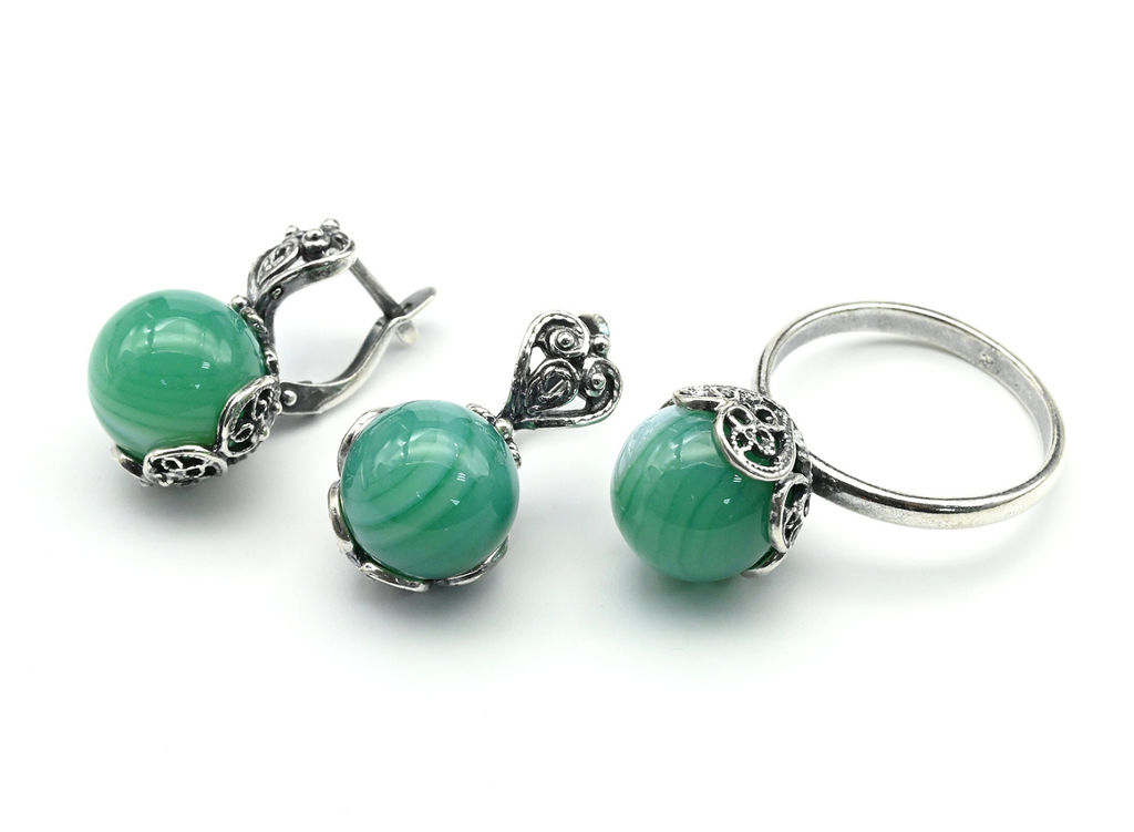 Кольцо Серьги с агатом тонированным, цв.зеленый размер 20