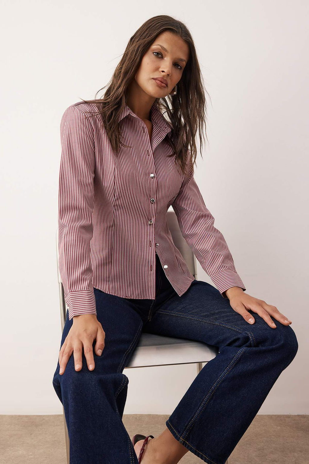 Bordo Cok Renkli Cizgili Gumus Dugme Detayl? Bele Oturan Vatkal? Gomlek TWOAW26GO00064