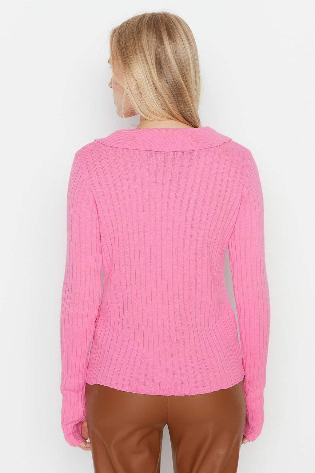Pembe Kol Ucu Detayl? Polo Yaka Triko Kazak TWOAW21KZ1113