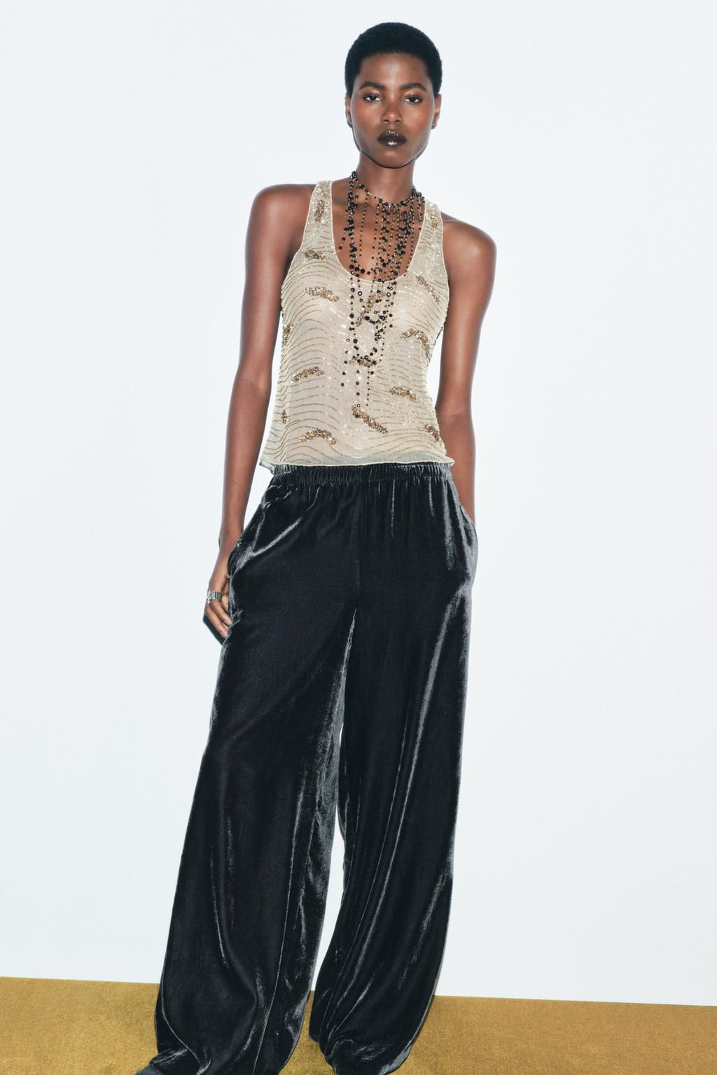 BEADED EMBROIDERED TULLE TOP